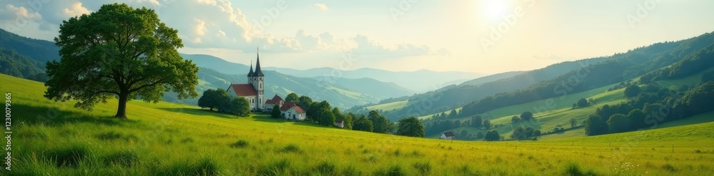 Obraz premium Serene landscape with trees, hills, and a distant church, solitude, church
