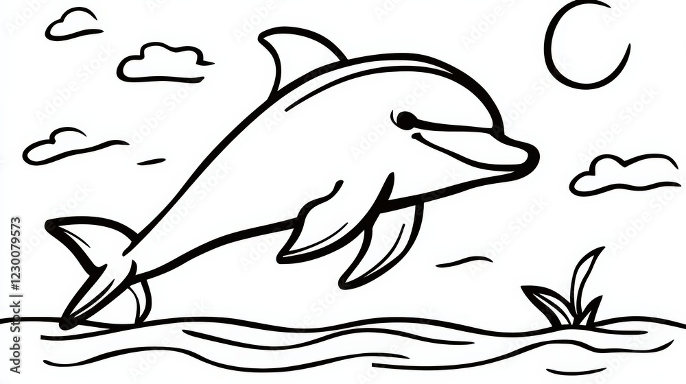 A cheerful dolphin leaps above the waves on a sunny day This playful illustration captures the joy of marine life and the beauty of the ocean, perfect for kids' art or beach-themed projects, Outline A cheerful dolphin leaps above the waves on a sunny day This playful illustration captures the joy of marine life and the beauty of the ocean, perfect for kids' art or beach-themed projects, Outline