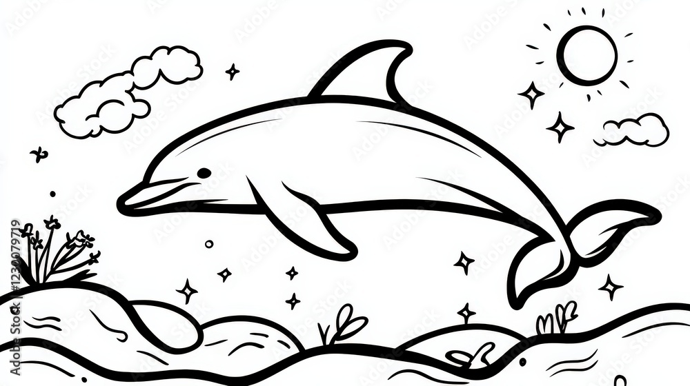 A charming black and white illustration of a dolphin swimming joyfully in a serene ocean landscape, surrounded by plants, sun, and clouds, Outline A charming black and white illustration of a dolphin swimming joyfully in a serene ocean landscape, surrounded by plants, sun, and clouds, Outline