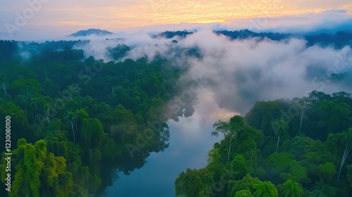 Lush rainforest showing natural water cycles in action, clouds forming over the canopy, misty atmosphere photo