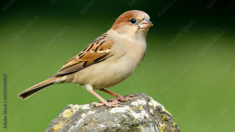 House Sparrow Perched on Rock Against Blurred Green Background in Close-Up Detail Nature Wildlife Summer Photography House Sparrow Perched on Rock Against Blurred Green Background in Close-Up Detail Nature Wildlife Summer Photography