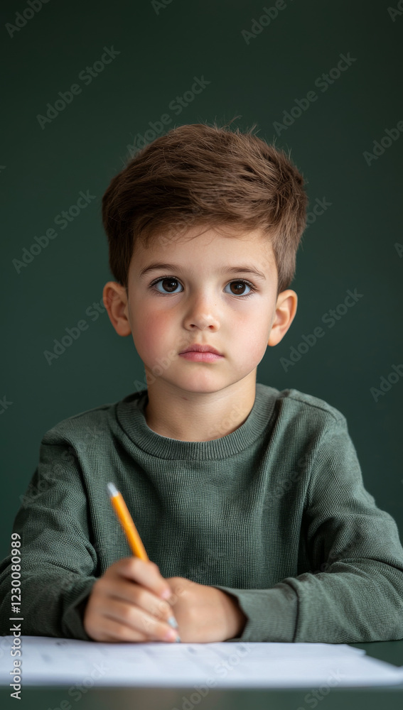 Focused boy writing with pencil on paper in classroom setting Focused boy writing with pencil on paper in classroom setting