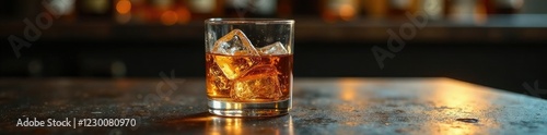 Crystal glass filled with amber spirits and ice cubes on a metal table, amberliquor, cold photo