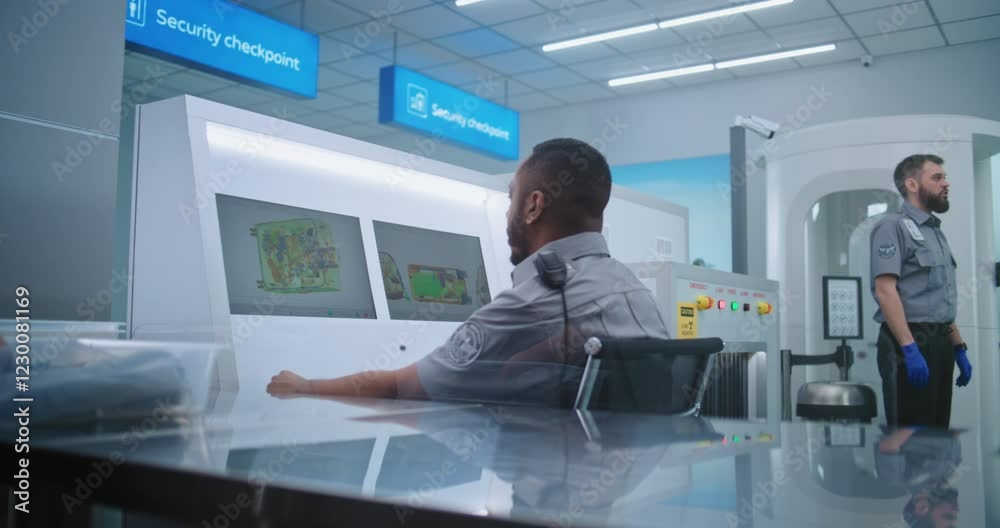 Airport: African American Security Officer Monitors Baggage Screening on Computer Screens. Passengers Putting Personal Items in Trays for Scanning, Passing Trough Metal Detector Gates before Flight.