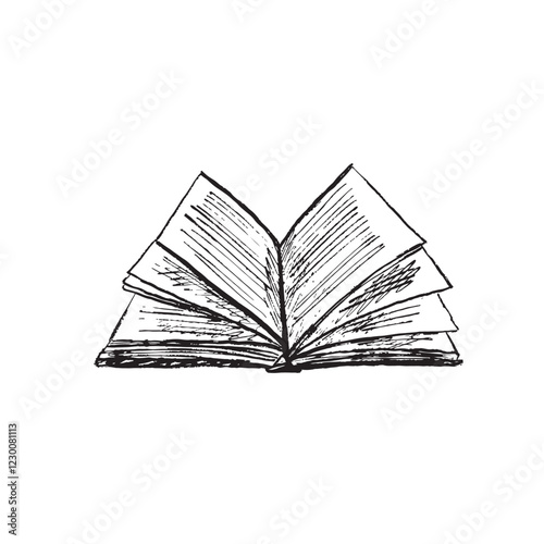 Opened book with paper pages in brush stroke texture. Hand drawn vector sketch illustration in vintage charcoal ink style. Reading, library concept, book store, back to school, study process