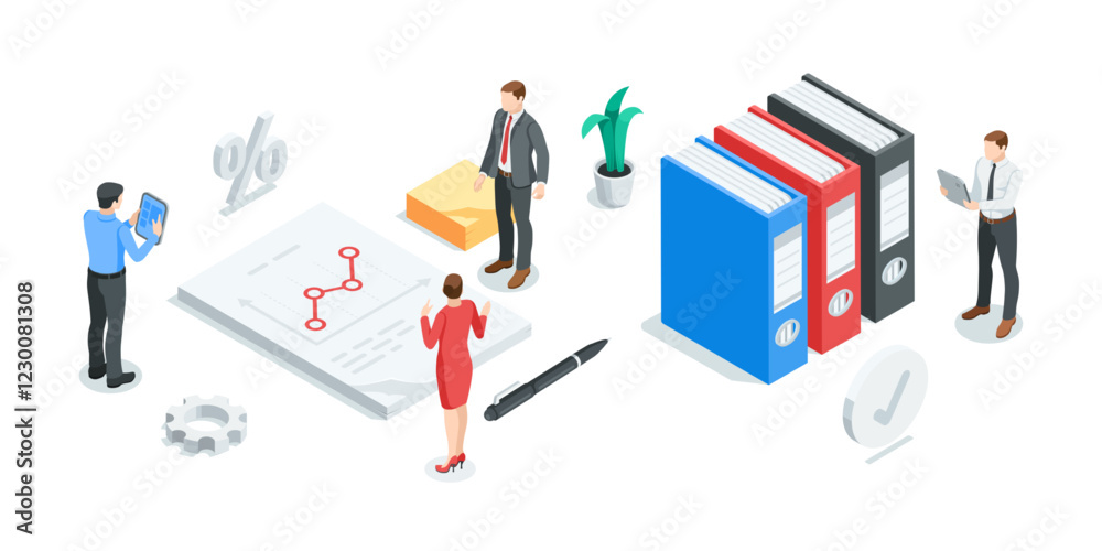isometric vector business men and women work in team with statistics, in color on white background, financial data analysis and processing isometric vector business men and women work in team with statistics, in color on white background, financial data analysis and processing