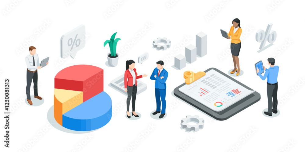 isometric vector business men and women work in team with statistics, in color on white background, financial data analysis and processing isometric vector business men and women work in team with statistics, in color on white background, financial data analysis and processing