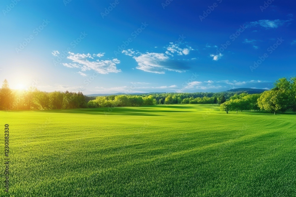 A serene blue sky complements the expansive grassy terrain. A serene blue sky complements the expansive grassy terrain.