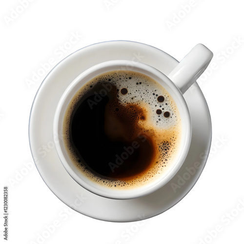 A top view of a white coffee cup with black coffee and a white saucer on a black background.