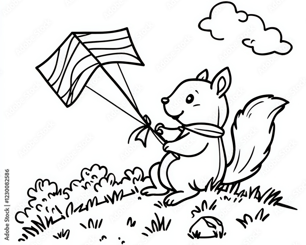 Obraz premium A whimsical illustration of a cheerful squirrel flying a colorful kite on a grassy hill, evoking a sense of joy and outdoor adventure Perfect for children themes, Outline