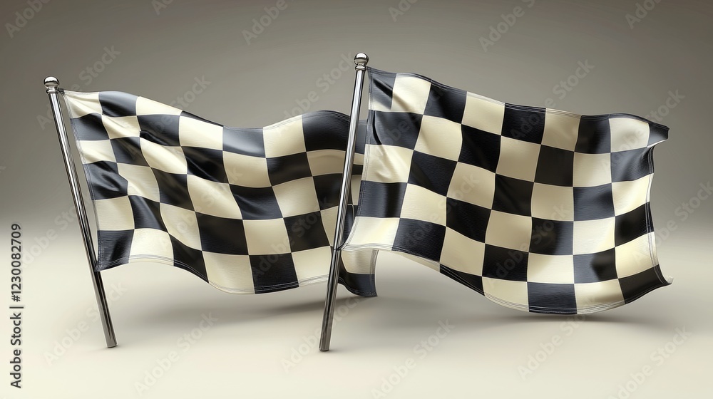 Fototapeta premium Two checkered flags waving, finish line, race completion, neutral background, sports event imagery