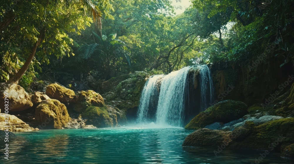 Tropical waterfall cascades into turquoise pool, lush jungle backdrop, nature travel Tropical waterfall cascades into turquoise pool, lush jungle backdrop, nature travel