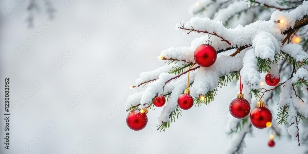 Snow covered branch adorned with Christmas decorations such as ornaments and lights, holiday, icy Snow covered branch adorned with Christmas decorations such as ornaments and lights, holiday, icy