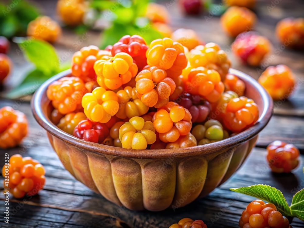 Naklejka premium Delicious Cloudberry Bowl: Close-Up Studio Shot of Tiny Bowl Overflowing with Ripe Orange Cloudberries