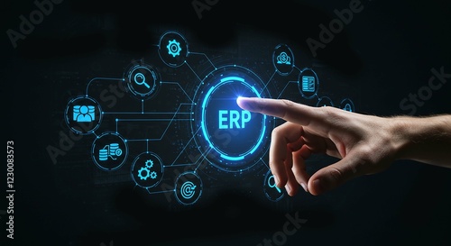 hand pushing a button on a touch screen interface Innovative ERP System with Futuristic Digital Interface for Advanced Planning, Resource Management, and Seamless Technology Integration for Smart Busi