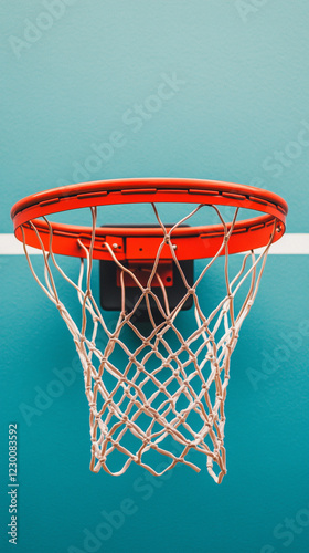 A vibrant basketball hoop against a modern backdrop. photo