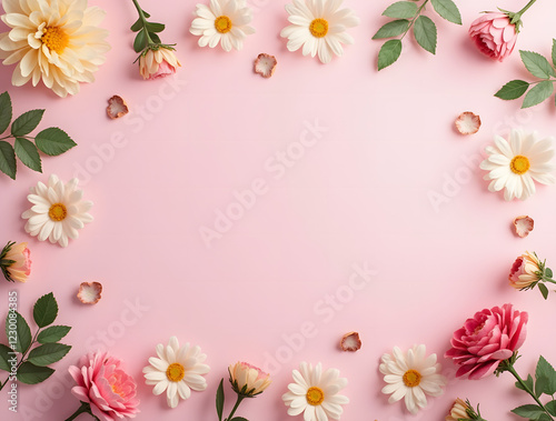 Creative floral concept: spring blooming plants and petals on pastel pink background with paper pompoms. Presentation mockup. Top view, flat lay.