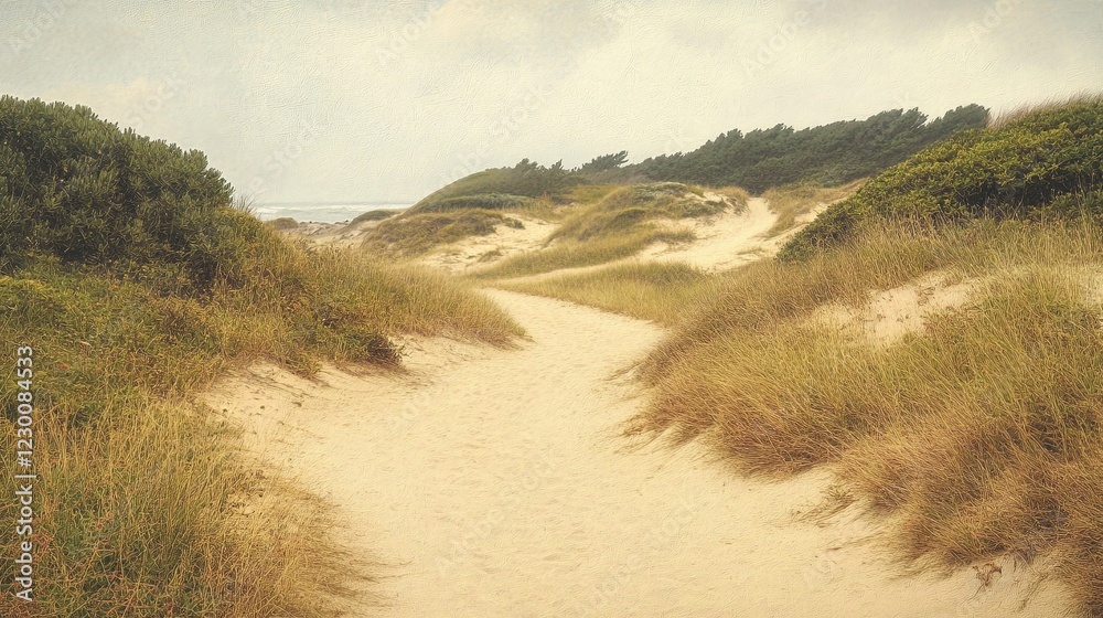 A quiet sandy trail winding through a coastal dune landscape picture A quiet sandy trail winding through a coastal dune landscape picture