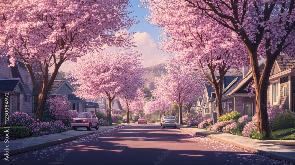 A quiet suburban street lined with blooming cherry blossom trees picture A quiet suburban street lined with blooming cherry blossom trees picture