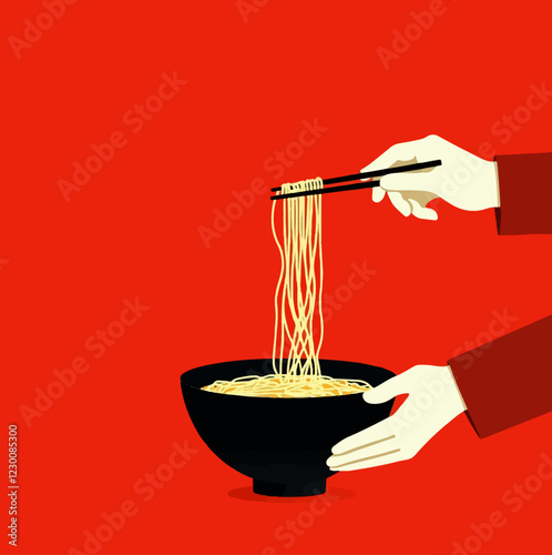 noodles ramen in a red bowl with chopsticks. Oriental asian food