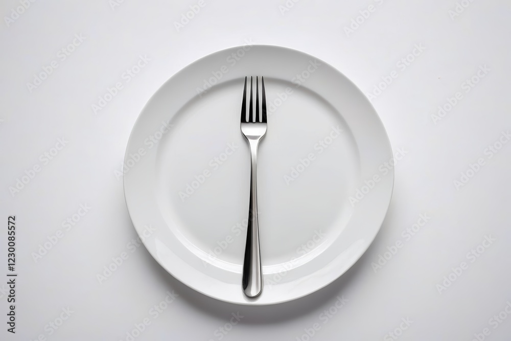 there is a fork and a plate on a white table