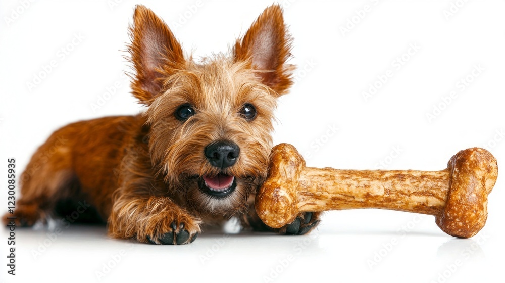 Lakeland Terrier lively expression is chewing on bone while resting on clean white surface. dog displays its playful nature and curiosity creating joyful ambiance. Lakeland Terrier lively expression is chewing on bone while resting on clean white surface. dog displays its playful nature and curiosity creating joyful ambiance.