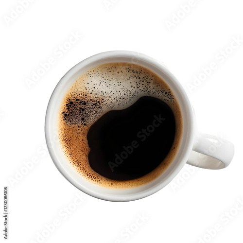 A top-down view of a white coffee mug filled with dark coffee and a thick layer of foam. The mug is isolated against a black background.