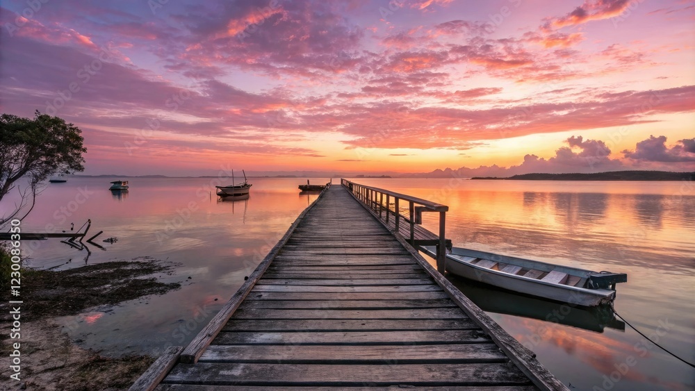 Fototapeta premium Softly glowing sunrise over a vintage wooden pier stretching into a serene lake or ocean, old wooden pier, serene landscape