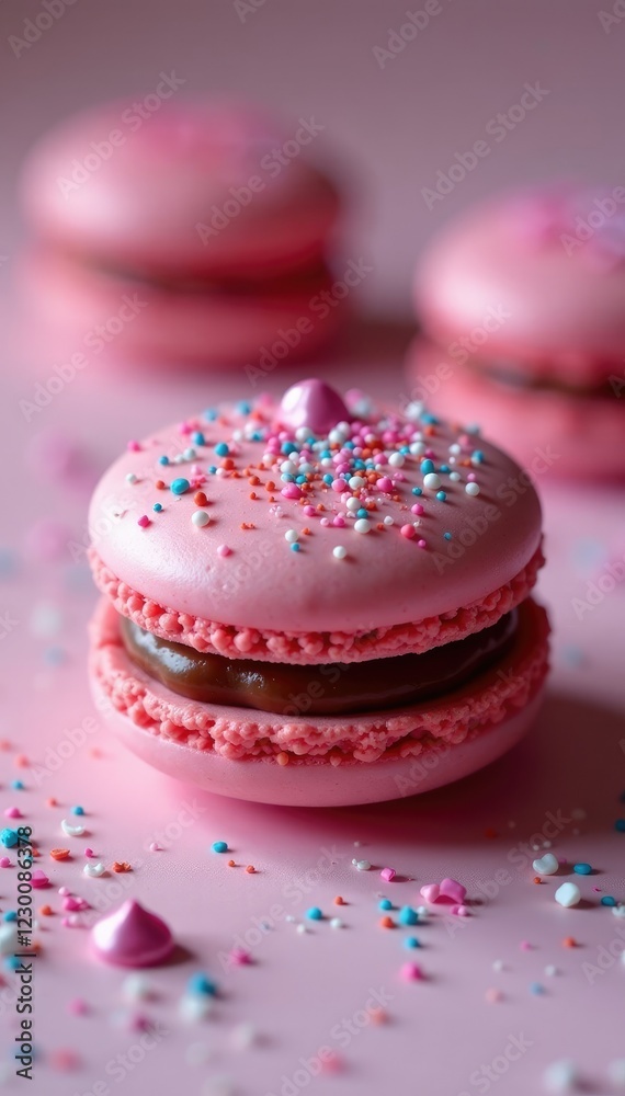 Macaron sandwich filled with creamy ganache and topped with edible glitter, confectionery, chocolate filling Macaron sandwich filled with creamy ganache and topped with edible glitter, confectionery, chocolate filling