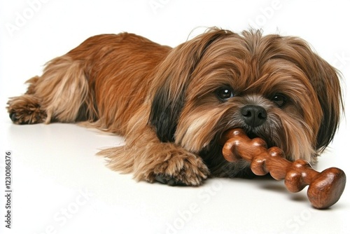 Lhasa Apso lays comfortably and happily chewing on wooden bone. setting is minimal clean white background enhancing dog's rich fur texture and expression. photo