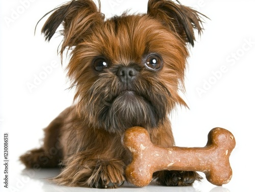 Lhasa Apso energetically chews on bone against clean white background. dog showcases its playful spirit and delightful personality in lively pose. photo