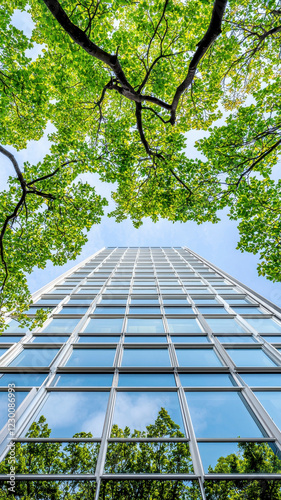 View of ultramodern corporate building surrounded by trees