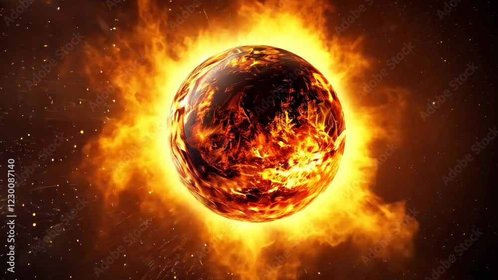 Stunning Cosmic Display: A Fiery Planet Surrounded by Explosive Flames and Stars in Space Stunning Cosmic Display: A Fiery Planet Surrounded by Explosive Flames and Stars in Space