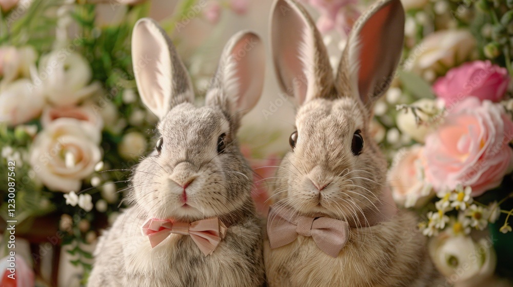 Fototapeta premium Wedding couple of elegant rabbits with bow tie on their wedding day. Honeymoon
