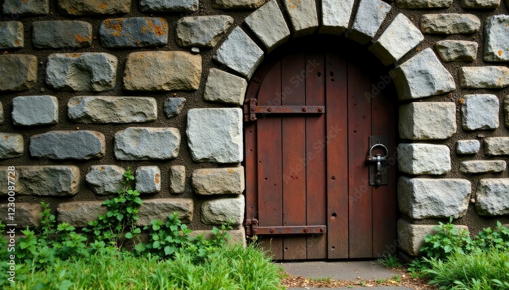 rusty metal gate leans against weathered stone wall with moss and lichen, lichen, , natural rusty metal gate leans against weathered stone wall with moss and lichen, lichen, , natural