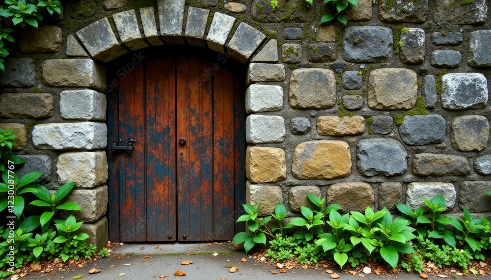 rusty metal gate leans against weathered stone wall with moss and lichen, plants, metal rusty metal gate leans against weathered stone wall with moss and lichen, plants, metal