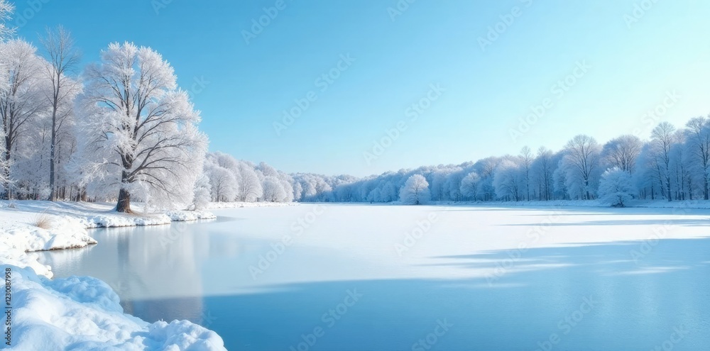 Serene frozen lake with snow-covered trees and a clear blue sky, clear sky, snow covered trees, calm atmosphere Serene frozen lake with snow-covered trees and a clear blue sky, clear sky, snow covered trees, calm atmosphere