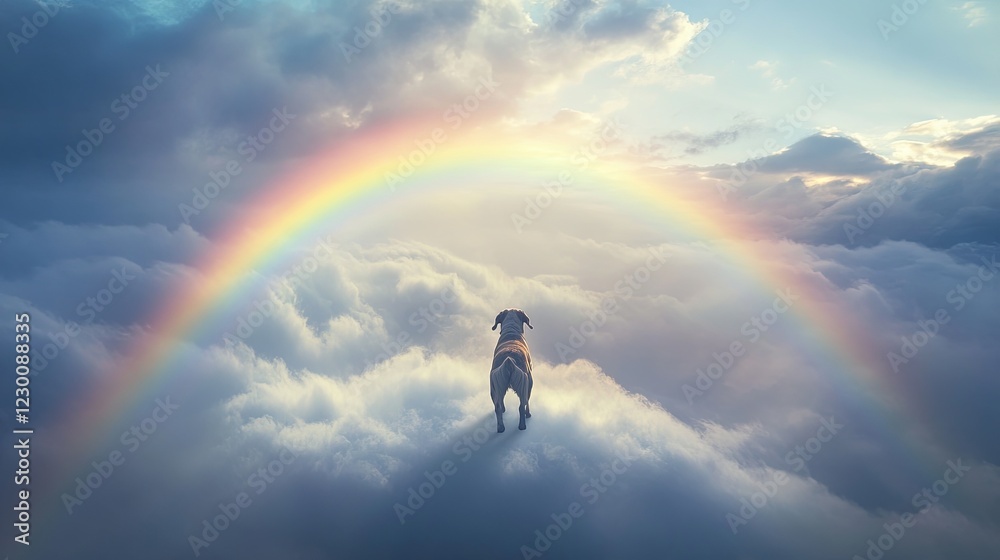A rainbow arching over a dog standing at the edge of the clouds. picture A rainbow arching over a dog standing at the edge of the clouds. picture