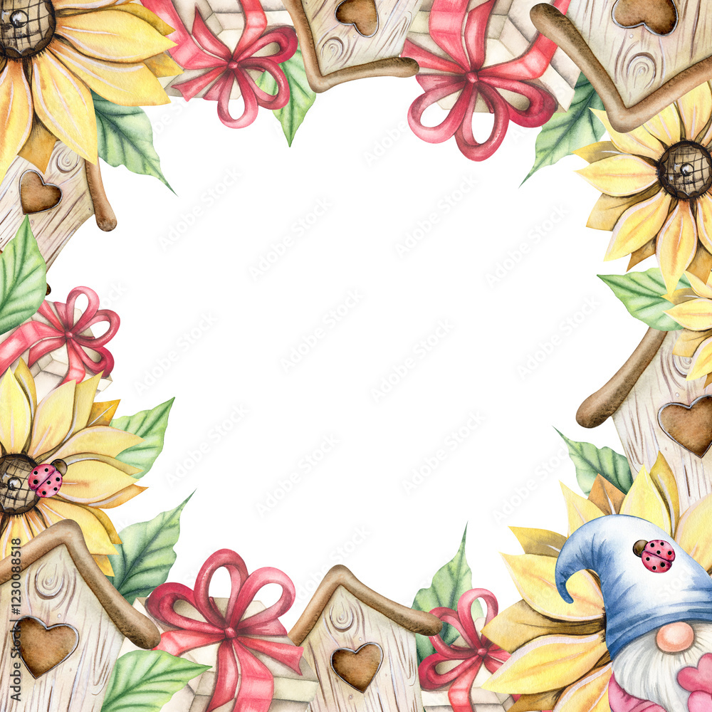 Fototapeta premium spring watercolor frame with flowers and houses. Beautiful bright frame with gifts, sunflower, gnome and ladybug