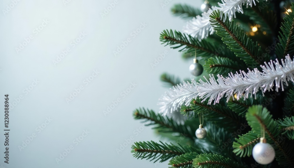 Shimmering silver garland wraps around the tree's branches, reflective, shimmer Shimmering silver garland wraps around the tree's branches, reflective, shimmer