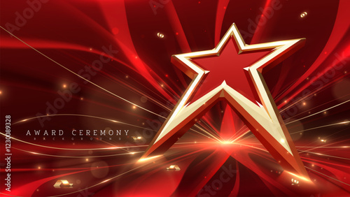 Red luxury award ceremony background with gold stars, light beams, bokeh, and ribbon decorations. Ideas for upscale event designs. Vector illustration.