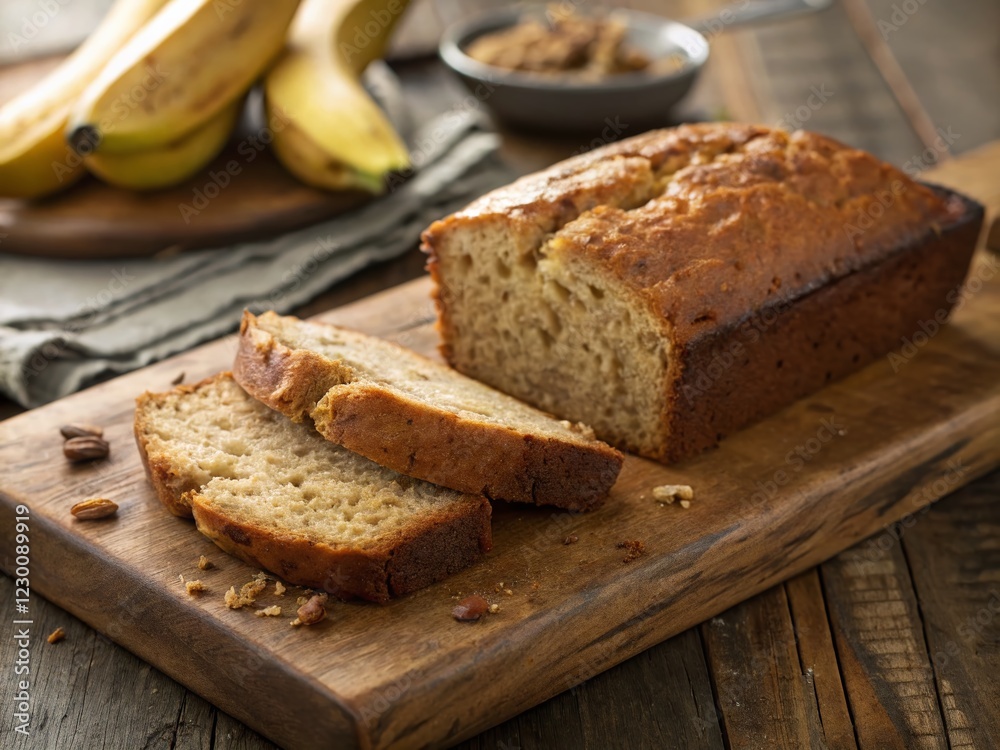 Delicious Homemade Banana Bread Loaf Sliced on Rustic Wooden Board - Stock Photo Delicious Homemade Banana Bread Loaf Sliced on Rustic Wooden Board - Stock Photo