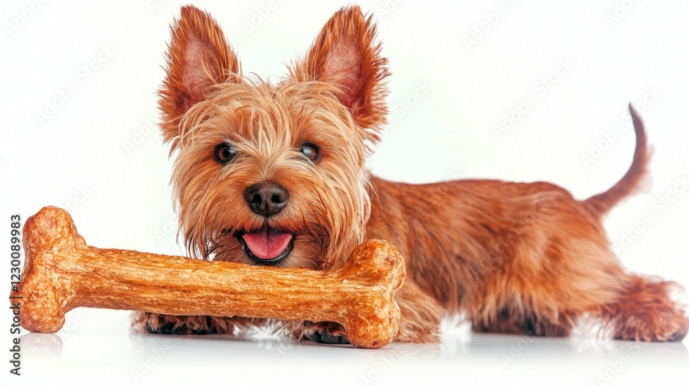 Norfolk Terrier joyfully chews on large bone while lying on pristine white surface displaying its playful nature and fluffy fur. Norfolk Terrier joyfully chews on large bone while lying on pristine white surface displaying its playful nature and fluffy fur.