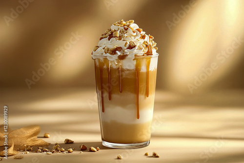 Luxurious Caramel Protein Shake with Smooth Texture and Rich Toppings in Studio Lighting photo