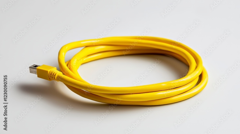Yellow USB Cable Coiled on White Background for Tech Concept Yellow USB Cable Coiled on White Background for Tech Concept