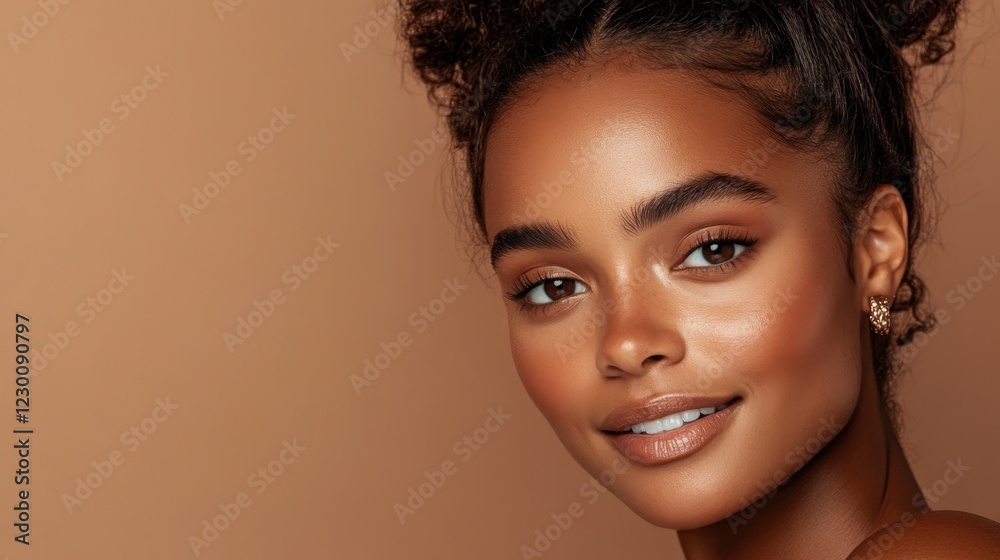 Naklejka premium Smiling african female young adult with curly hair on brown background National Silly Earring Day