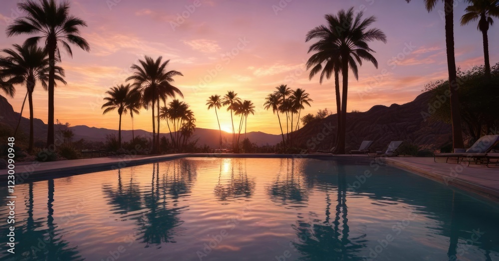 Obraz premium Pool and palm trees under a stunning Arizona sunset, Arizona desert landscape with a pool and palm trees under a beautiful sunset sky, Arizona desert scenery, natural beauty