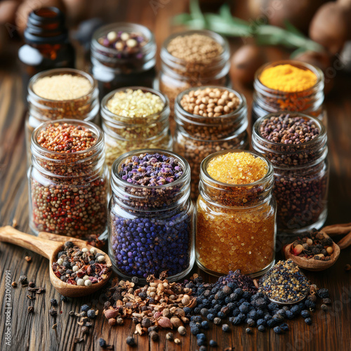 vibrant display of various spices and essential oils in glass jars, showcasing rich array of colors and textures on wooden surface. scene evokes sense of natural beauty and culinary creativity photo