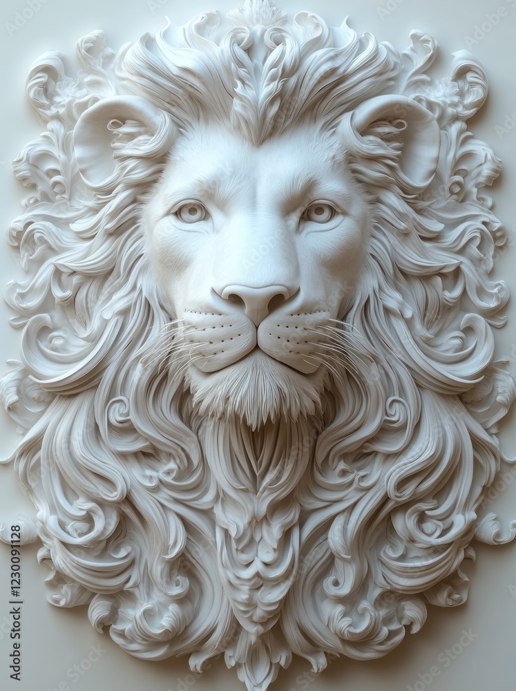Ornate lion sculpture wall art, white background, home decor Ornate lion sculpture wall art, white background, home decor