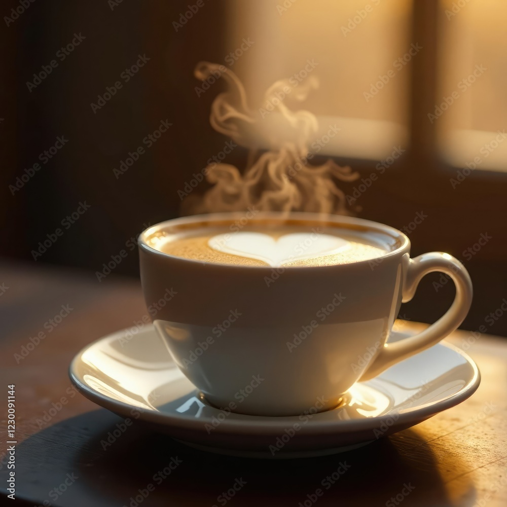 Steamy morning scene with a cup of coffee and heart-shaped foam on the surface, warm, cozy, heart shape Steamy morning scene with a cup of coffee and heart-shaped foam on the surface, warm, cozy, heart shape